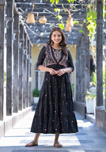 Varanga Black Mirror & Zari Embellished Jacket Style Tiered Dress